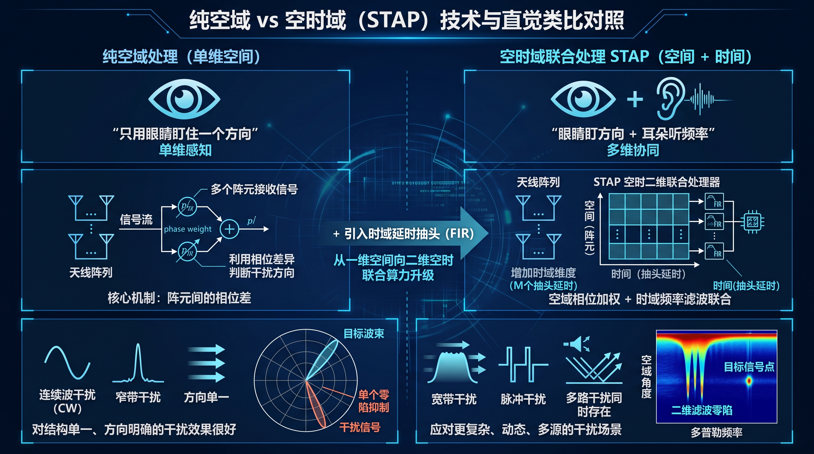 零陷与空时滤波不是两种技术:CRPA抗干扰中“效果层—算法层—硬件层”的协同关系全解析 零陷与空时滤波不是两种技术:CRPA抗干扰中“效果层—算法层—硬件层”的协同关系全解析